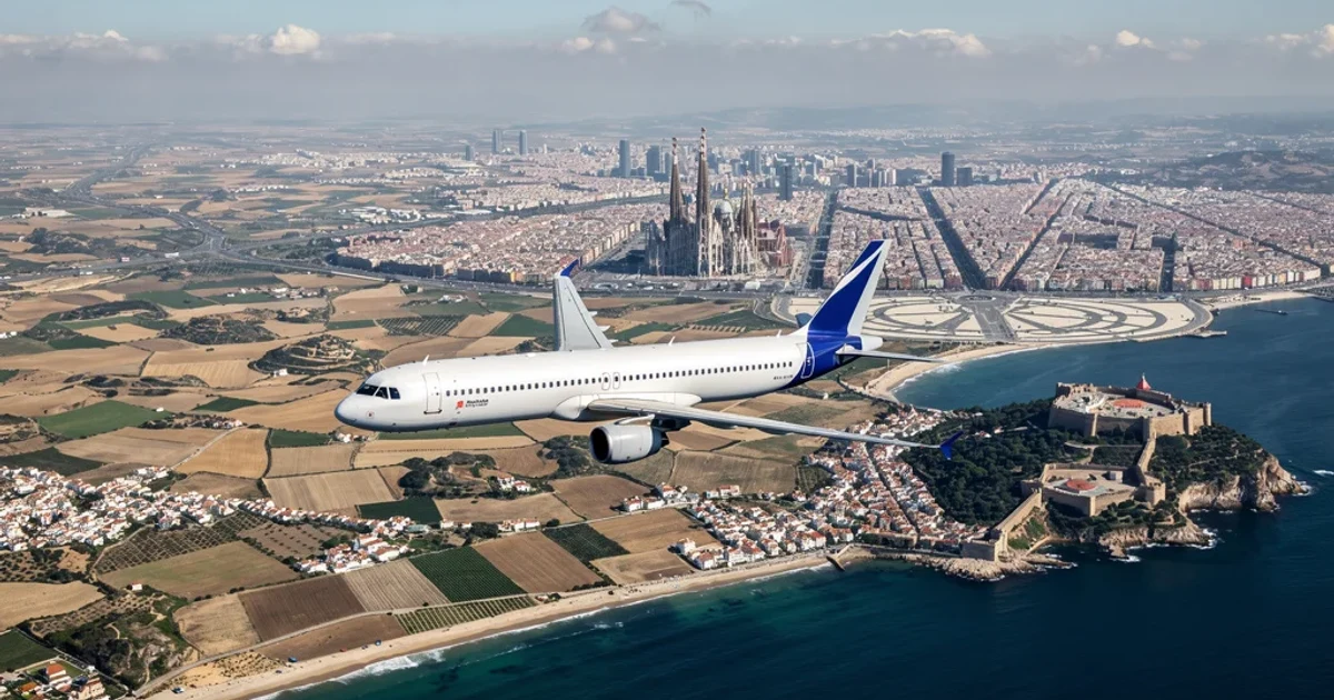 Vista aérea de un avión volando sobre paisajes icónicos españoles.