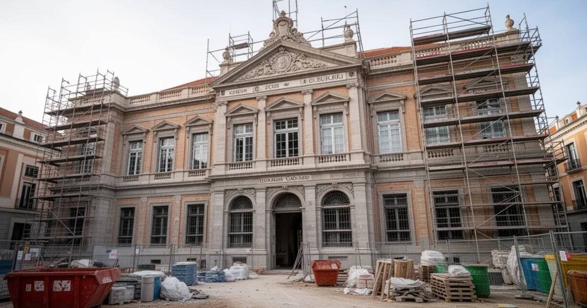 Edificio histórico Escuelas Aguirre en Madrid durante su rehabilitación