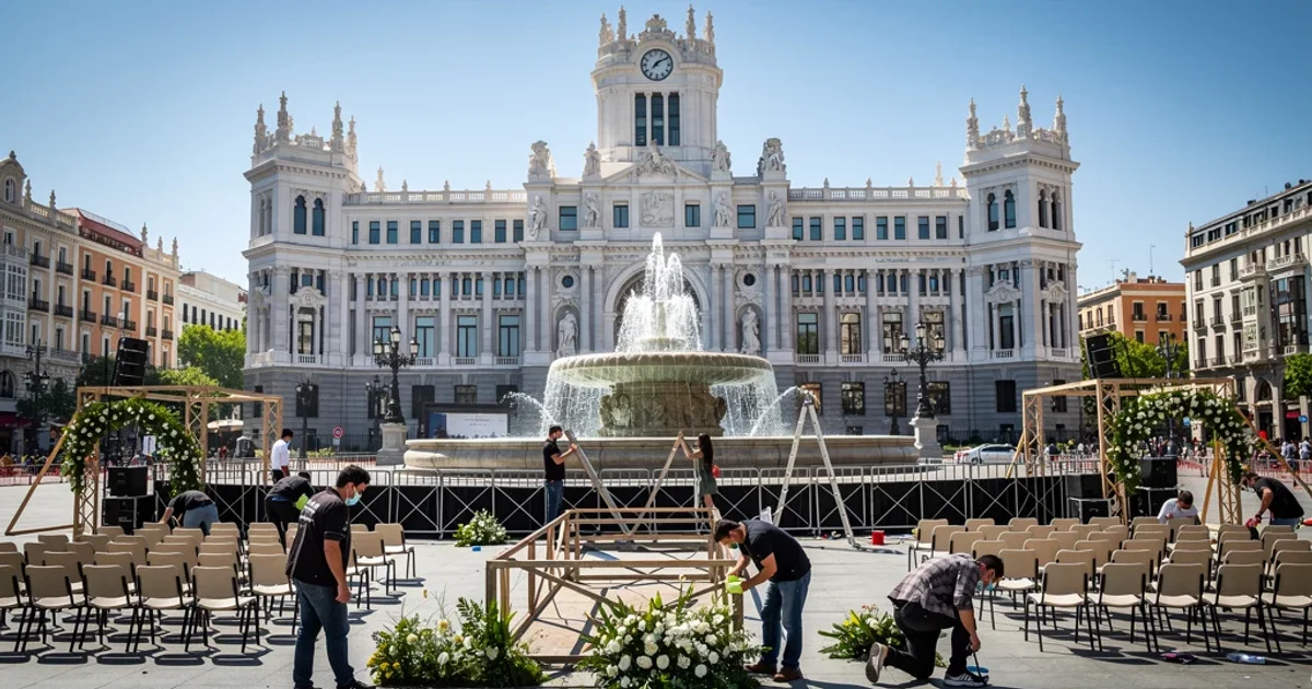 Vista amplia de la Plaza Cibeles en Madrid con preparativos para un evento religioso.