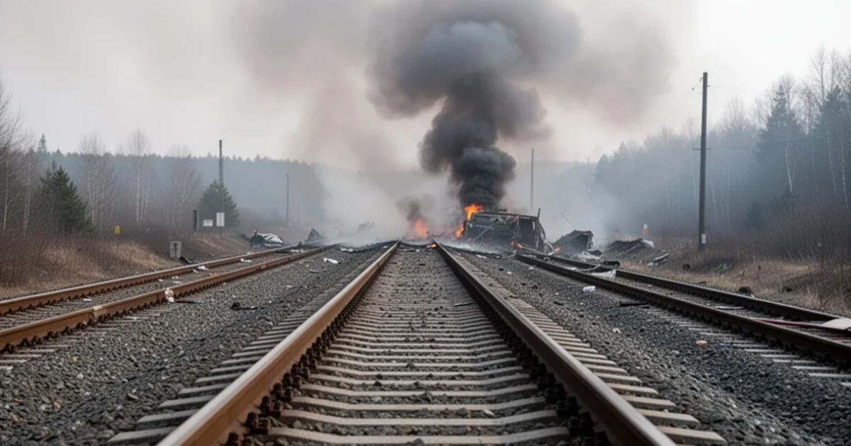 Vías del tren con humo tras un incendio cercano