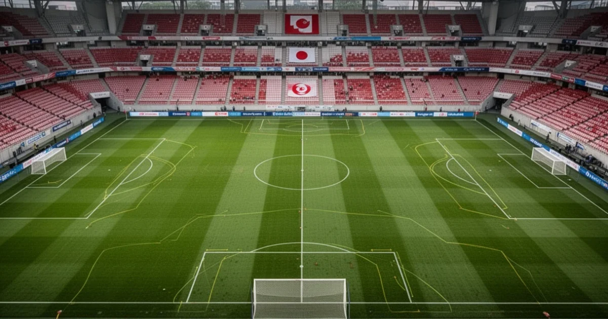 Campo de fútbol vacío preparado para el partido entre Japón y Túnez