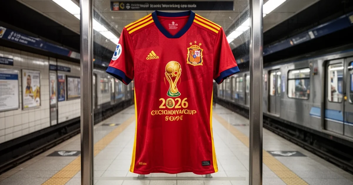 Camiseta conmemorativa del Mundial expuesta en una estación del metro