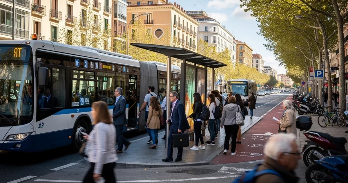 Escena urbana en Madrid con transporte público y pasajeros en una parada concurrida.