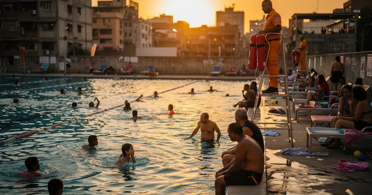 Piscina pública con familias disfrutando mientras se vive un ambiente tenso tras un reciente incidente