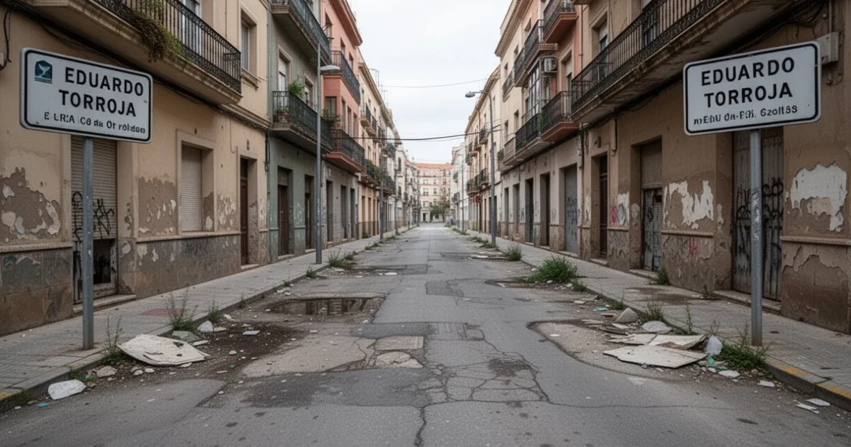 Vista deteriorada de la calle Eduardo Torroja entre Getafe y Leganés