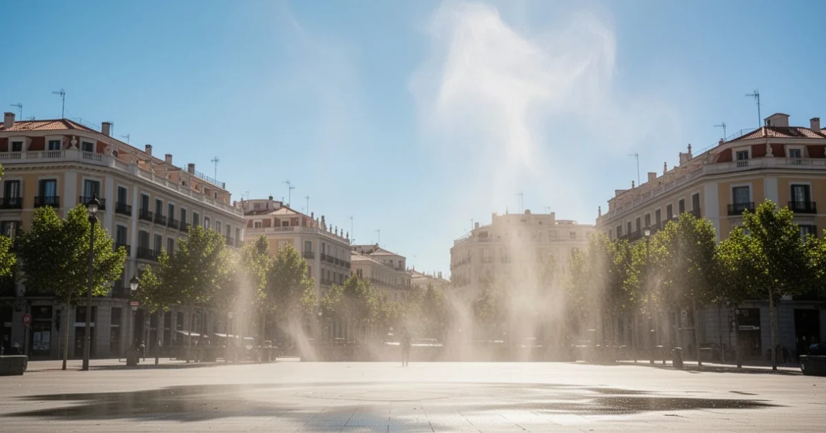 Vista urbana de Madrid bajo un cielo despejado con altas temperaturas