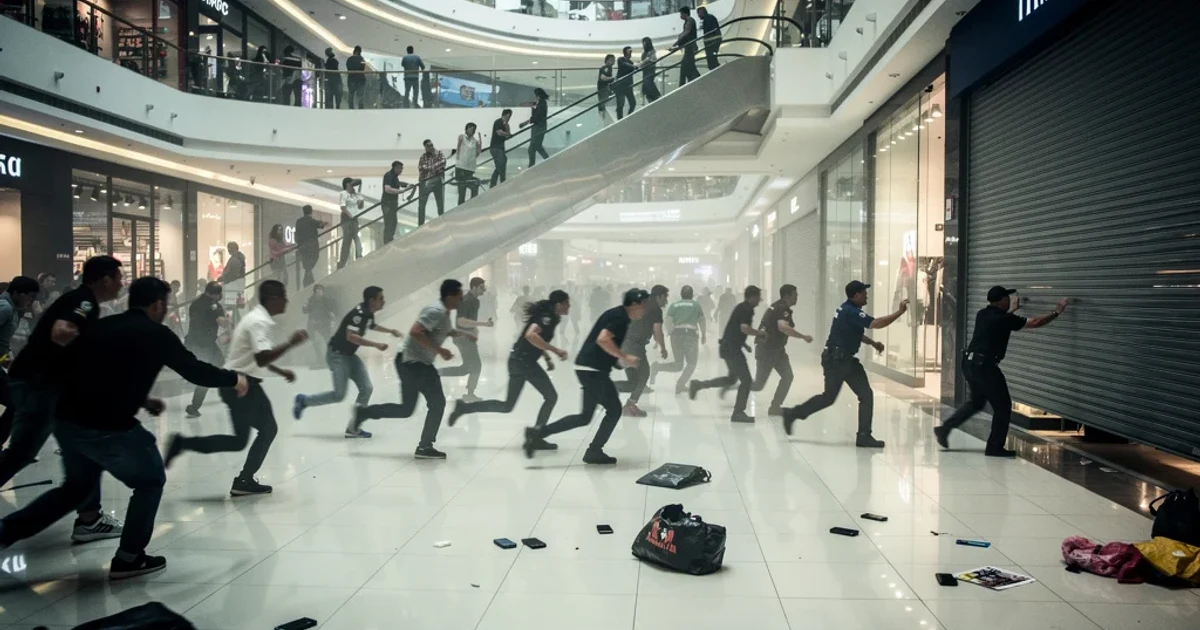 Interior del centro comercial La Vaguada durante un atraco con clientes corriendo