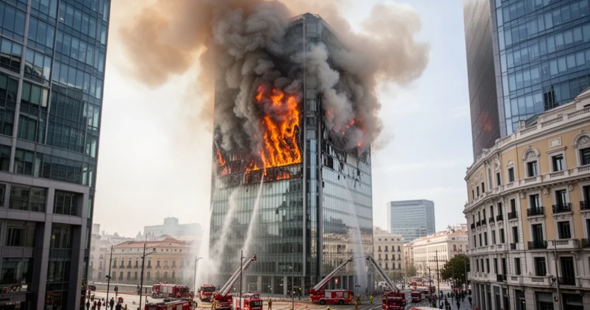 Incendio visible desde la Torre Moeve con humo saliendo del rascacielos