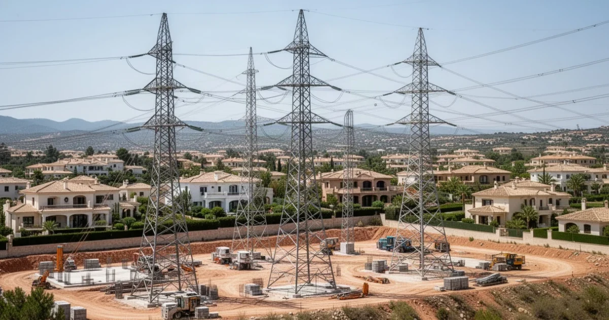 Construcción de una torre eléctrica cerca de urbanizaciones lujosas en La Moraleja