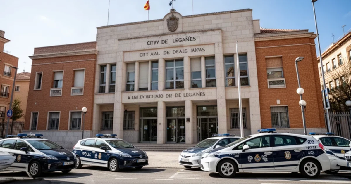 Vista del Ayuntamiento de Leganés con coches patrulla estacionados