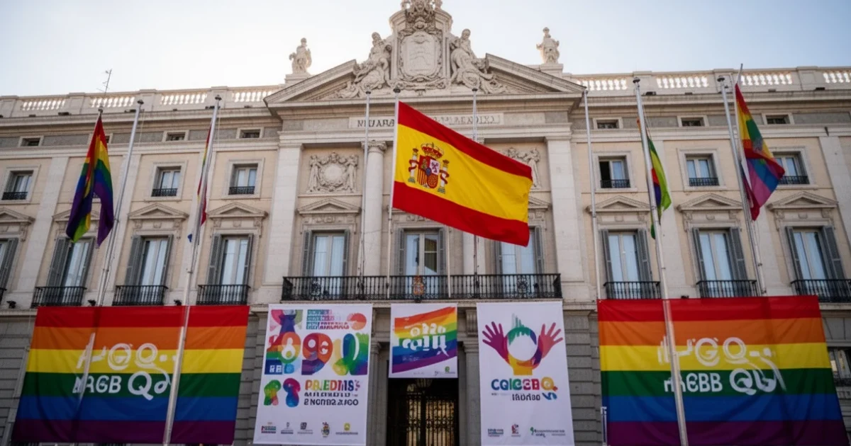 Edificio municipal con banderas relacionadas con el Orgullo y la bandera española