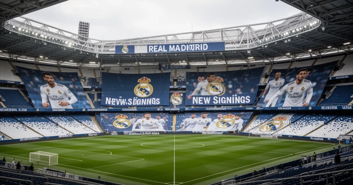Estadio del Real Madrid decorado con banderas celebrando nuevos fichajes