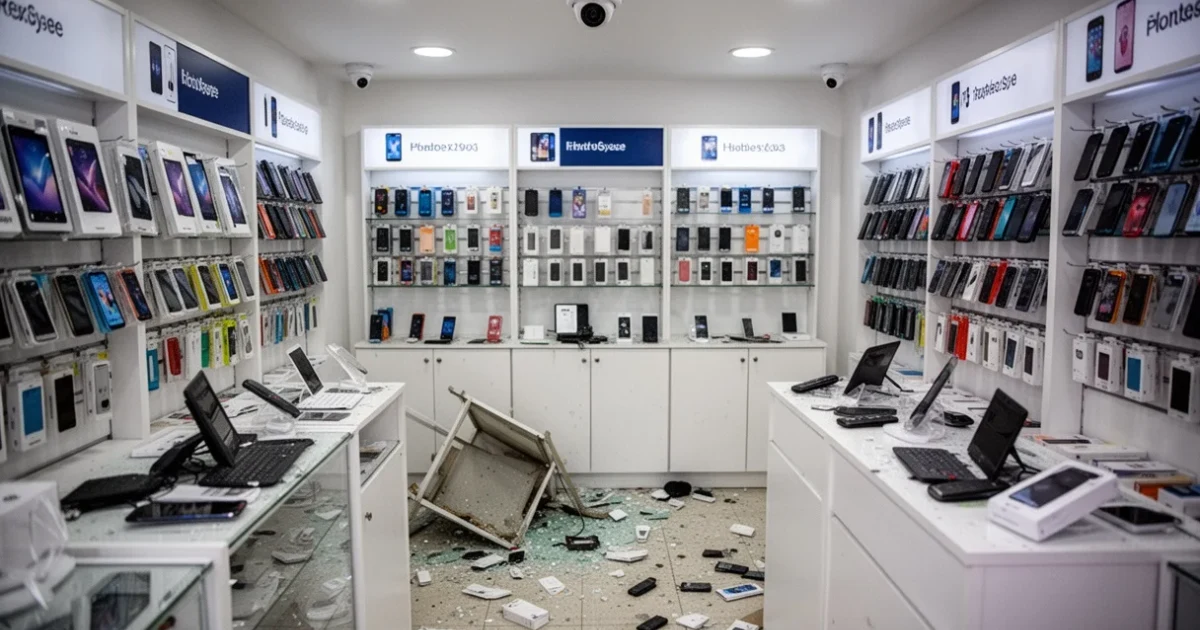 Interior desordenado de una tienda móvil tras un atraco