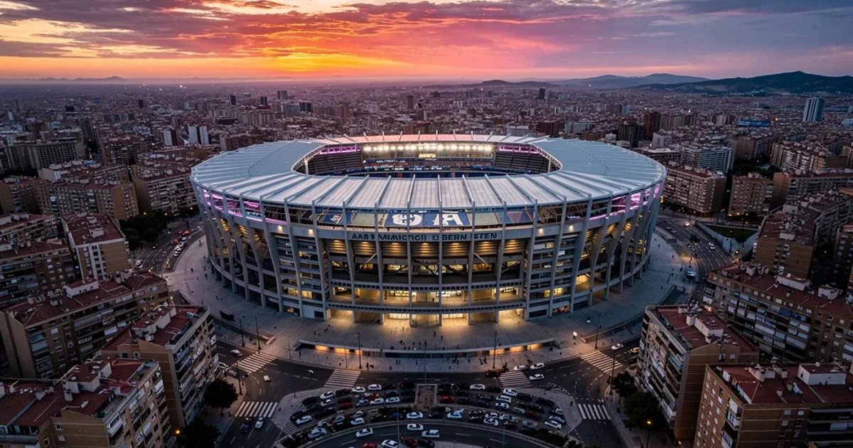 Vista aérea del Estadio Santiago Bernabéu durante el atardecer