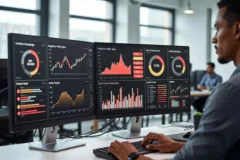Especialista en marketing digital analizando una campaña de Google Ads con paneles de detección de clics fraudulentos y tráfico inválido en tiempo real.